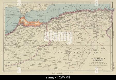 Algerien und Marokko übersicht Spanisch Marokko. Bartholomäus 1947 alte vintage Karte Stockfoto