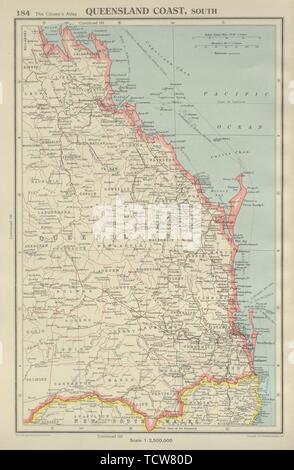 Küste von Queensland, South. angezeigt in den Grafschaften. Bartholomäus 1947 alte vintage Karte Stockfoto