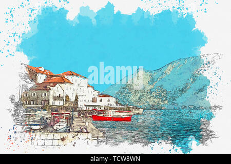 Aquarell Skizze oder Abbildung: Blick auf ein Haus mit vielen Fenstern und Balkonen mit einem herrlichen Blick auf Perast in Montenegro. Stockfoto