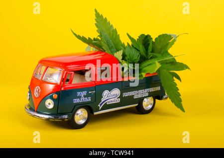 Kiew Ukraine - Mai 29., 2019. Spielzeug Modell des VW Typ 2, T1, Pickup mit Cannabis treibt auf der Platine Stockfoto