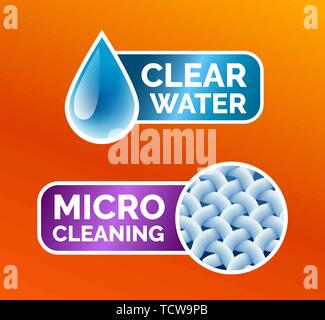 Waschen von Kleidung Aufkleber, Sticker-micro Reinigung, klares Wasser, beste Qualität, Crystal White. Saubere Wäsche, Fasern, Wassertropfen und Daumen hoch Stock Vektor