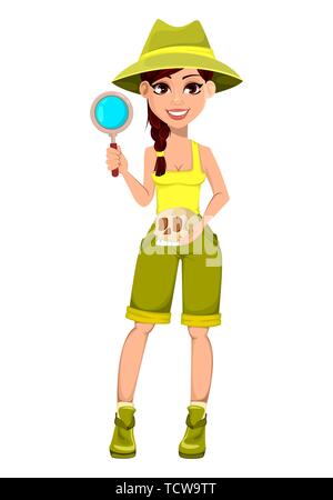 Schöne Frau Archäologe mit alten Schädel und Lupe. Niedliche Zeichentrickfigur Paläontologe. Vector Illustration auf weißen Ba isoliert Stock Vektor