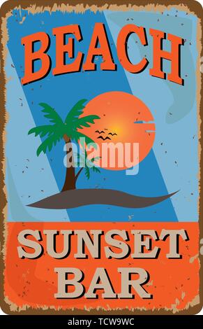 Beach Bar retro beschädigt rostigen Schild. Vintage Werbung für tropische Cafe Bar. Sonne, Sommer und Meer Thema. Stock Vektor