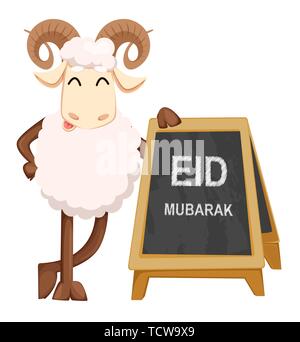 Eid Al Adha Mubarak Grußkarte mit lustigen Ram steht in der Nähe von Menü Ankündigung board. Traditionelle muslimische Urlaub. Vector Illustration auf weißen Hinterg Stock Vektor