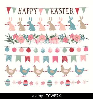 Satz von Hand gezeichnet Frühling, Ostern Girlanden mit Lichtern, Party bunting Fahnen. Hand Web Banner erstellt, Grenzen mit Kaninchen, Hühner, dekorative Vogel Eier Stock Vektor