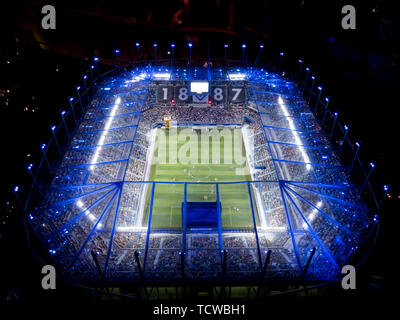 Beleuchtete Stadion im Miniatur Wunderland Hamburg Deutschland Stockfoto