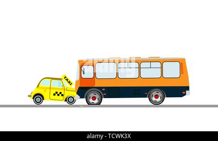 Die Kollision eines Taxi Auto und Bus. Vector Illustration Stock Vektor