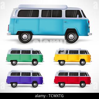 Auto Fahrzeug reisen Van Andere Farbe Set 3D Realistische in isolierten weißen Hintergrund. Vector Illustration. Stock Vektor