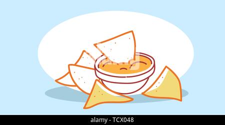 Leckere Kartoffel Mais Tortilla Chips mit Sauce in der Schüssel fast food Classic American fastfood Hand gezeichnete Skizze doodle horizontal Stock Vektor