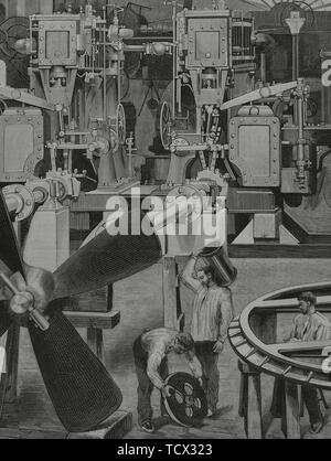 España, Cataluña. Barcelona. Sección de montaje en Los Talleres de' La Maquinista Marítima Terrestre y'. Dibujo de A. Rigalt. Grabado por Tomás Carlos Capuz. Las Mejores. La Ilustración Española y Americana, 22 de Septiembre de 1882. Stockfoto