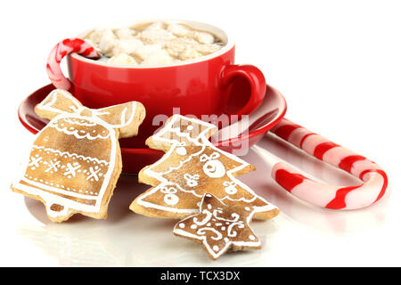 Tasse Kaffee mit Weihnachten Süße isoliert auf weißem Stockfoto