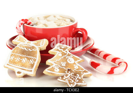 Tasse Kaffee mit Weihnachten Süße isoliert auf weißem Stockfoto