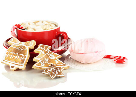 Tasse Kaffee mit Weihnachten Süße isoliert auf weißem Stockfoto