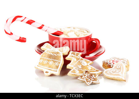 Tasse Kaffee mit Weihnachten Süße isoliert auf weißem Stockfoto