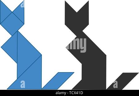 Cat Tangram. Traditionelle Chinesische Zerlegungspuzzle, sieben Tiling Stücke - geometrische Formen: Dreieck, Quadrat, Parallelogramm Rhombus. Brettspiel für Stock Vektor