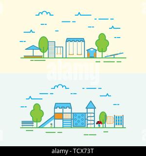 Kinderspielplatz mit Schaukeln. Kinder Spielplatz in einer Zeile für Symbole gezeichnet. Kinder Spielgeräte spielplatz Infografik. Stock Vektor