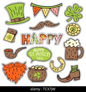 Vektor Patch set - St. Patrick's Day. Isolierte Illustrationen - ideal für Aufkleber, Stickerei, Abzeichen. Comic Aufkleber mit Worten, Lleprechaun Hut, pot Stock Vektor