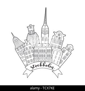 Stockholm, Schweden. Hand gezeichnet Häuser und Bäume. Vector Illustration. Stock Vektor