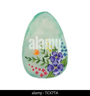 Aquarell Osterei mit Hand gezeichnete Blumen und Blätter. Im Frühling oder im Sommer Design für Einladungs- und Grußkarten. Vector Illustration. Stock Vektor