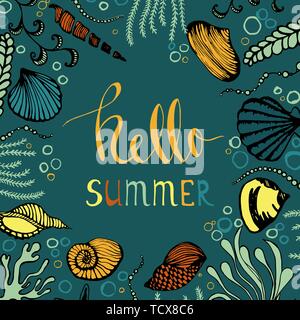 Hallo Sommer. Quadratischen Rahmen von Hand gezeichnet Muscheln und Algen. Stock Vektor