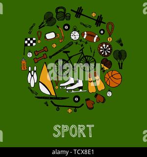 Runde Karte mit Sport handgezeichneten Symbole. Stock Vektor