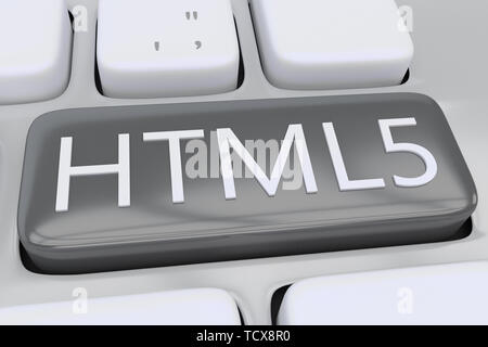 3D-Abbildung der Tastatur mit dem Script HTML5 auf einem grauen Button Stockfoto