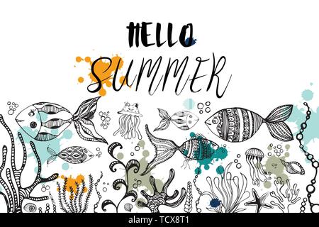 Doodles abstract dekorative Sommer vektor Rahmen. Grußkarte Design. Fisch und Medusa, Muscheln und Algen. Stock Vektor