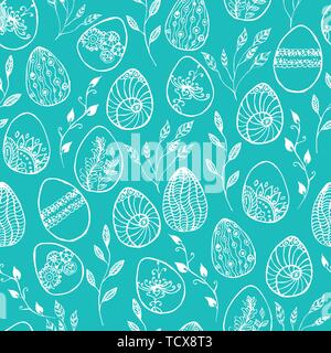 Doodle Ostern nahtlose Muster auf dem blauen Hintergrund. Vektor nahtlose doodle Ostern Muster mit Ostereiern für Ostern Hintergrund, Stoffe, textile Stock Vektor