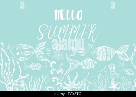 Doodles abstract dekorative Sommer vektor Rahmen. Grußkarte Design. Fisch und Medusa, Muscheln und Algen. Stock Vektor