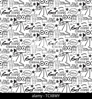 Kino Hand gezeichnet nahtlose Muster auf dem weißen Hintergrund. Film, Film Symbole Sammlung. Kinematografie Design Elemente: Kamera, Film tape, popc Stock Vektor