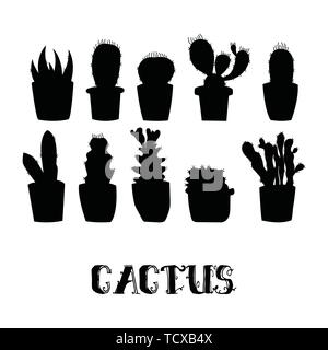 Cactus Silhouetten in Blumentöpfen. Vector Illustration. Stock Vektor