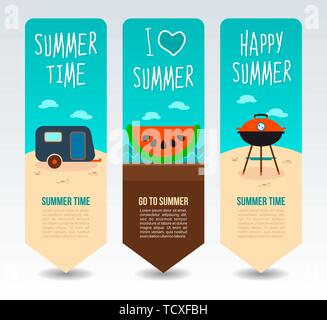 Scheibe Wassermelone, Camping trailer und Grill Grill. Sommer Reisen und Urlaub vektor Banner. Sommer. Urlaub Stock Vektor