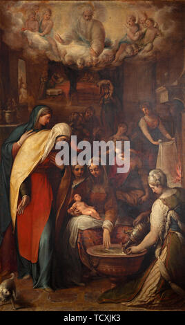 Der Geburt der seligen Jungfrau Maria, der Ende des 16. Cen.. Schöpfer: Vecchi, Giovanni de (1536-1614). Stockfoto