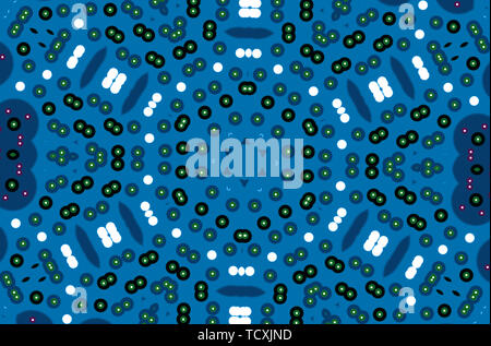 Blau Kaleidoskop Hintergrund mit weißen und schwarzen Kreise und Flecken. futuristischen Design. Stockfoto