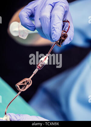 Krankenschwester bereitet Venenkatheter von langer Dauer in einem Krankenhaus, Zugriff auf die Innewohnung Zentralvenösen Linien, konzeptionelle Bild Stockfoto