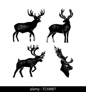 Set Hand zeichnen Rotwild Silhouette Grunge. Schwarz Vector Illustration eines wilden Tieres Hirsch isoliert auf einem weißen Hintergrund mit einem abgenutzten Textur. Element für Stock Vektor