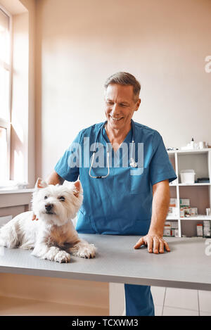 Positive Emotionen bei der Arbeit. Freundliche Männer mittleren Alters Berufsbildung in Arbeit einheitliche Streicheln ein süßer Hund und lächelnd, während bei der tierärztlichen Klinik stehen. Pet care Stockfoto