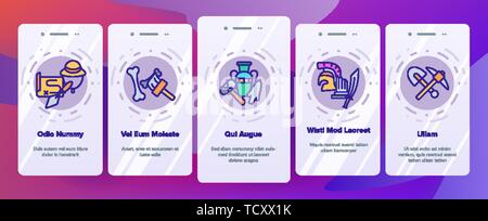 Archäologische Werkzeuge und Ausgrabungen Vektor Onboarding Mobile App Seite Bildschirm Stock Vektor