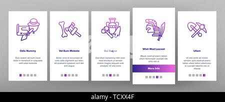 Archäologische Werkzeuge und Ausgrabungen Vektor Onboarding Mobile App Seite Bildschirm Stock Vektor