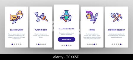 Archäologische Werkzeuge und Ausgrabungen Vektor Onboarding Mobile App Seite Bildschirm Stock Vektor