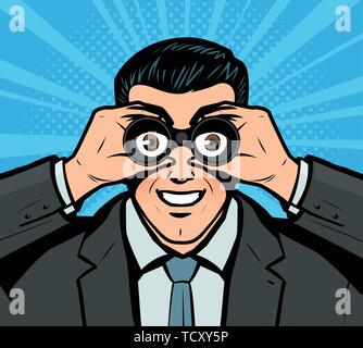 Geschäftsmann Blick durch ein Fernglas. Pop Art retro Comic Stil. Business Vector Illustration Stock Vektor