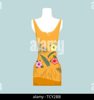 Tuch oder Kleid für Frau auf weißen Mannequin mit tropischen Blatt und Blüte Textur. Vector Illustration. Stock Vektor