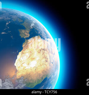 Physische Karte der Welt, Satelliten Ansicht von Nord- und Zentralafrika. Europa. Globus. Hemisphäre. Reliefs und Ozeane. 3D-Rendering Stockfoto