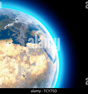 Physische Karte der Welt, Satelliten Ansicht von Nord- und Zentralafrika. Europa. Globus. Hemisphäre. Reliefs und Ozeane. 3D-Rendering Stockfoto