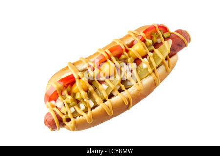 Chicago Style Hot Dog top Aussicht auf Weiß Stockfoto