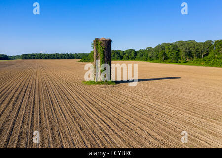 Lorman, Mississippi - Ein altes Silo in einem frisch gepflügten Bauernhof Feld. Stockfoto