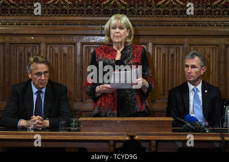 (Von links nach rechts) Charles Walker und Dame Cheryl Gillan, gemeinsames Handeln Stühle des Ausschusses 1922 - die Fraktion der Konservativen Partei - und Nigel Evans bei der Bekanntgabe der Namen der zehn Kandidaten, die im Wettbewerb stehen, für die Führung der Partei. Stockfoto
