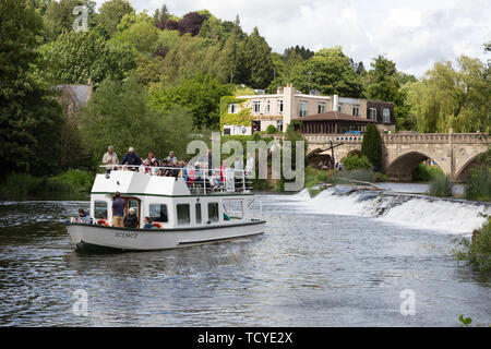 Der Fluss Avon an Bathampton Mühle, mit einem Boot voller Touristen aus Badewanne an einem sonnigen Sommertag im Juni, Somerset, England Großbritannien Stockfoto