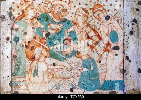 Gemälde und Fresken, die in der Höhle 1, Ajanta Höhlen, Mumbai, Maharashtra, Indien Stockfoto