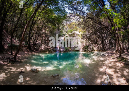 Schöne kleine Wasserfall Sentonina Staza auf Sentonas Trail im Wald zwischen Rabac und Labin Istrien, Kroatien Stockfoto